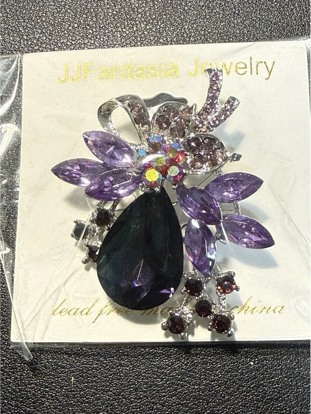 NEW JJ Fantasia 2000s Floral Brooch Crystal Rhinestone Purple AB, 2x2.5”